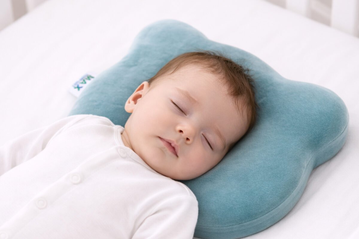 مخدة أطفال رضع ميموري فوم عالية الجودة – تتكيف مع شكل الرأس – نوم هادئ داخل سرير الأطفال , لون تركواز , من ماكس كمفورت
